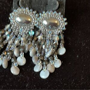 JEWELED BEADED POST EARRINGS. BLACK STONE CENTER SURROUNDED WITH STONES & BEADS